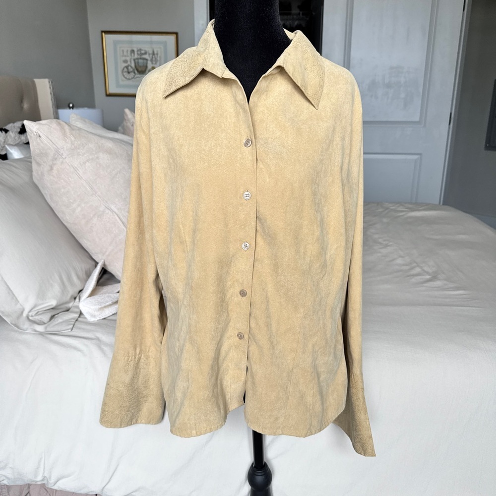 Worthington Beige Suede-Like Button-Down Shirt w Bell Sleeves